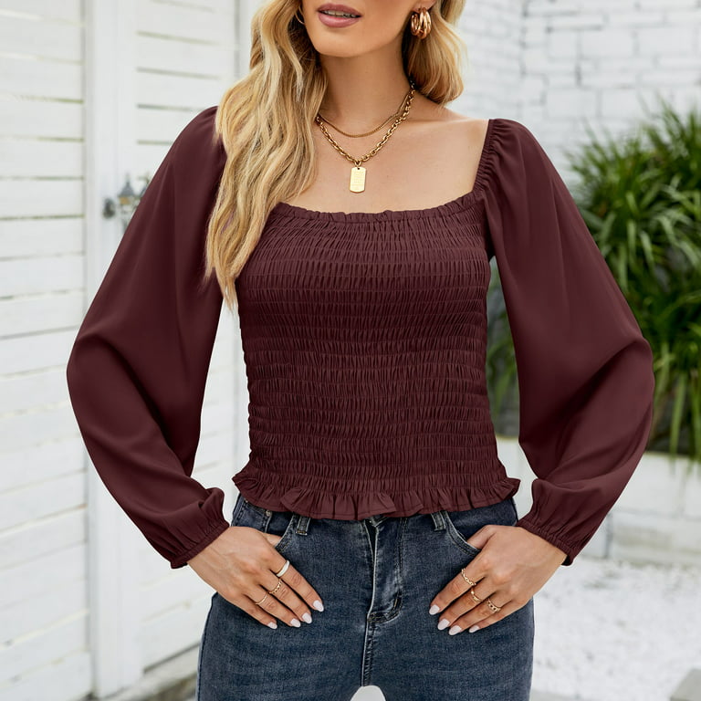 huaai cute tops for women trendy womens square neck solid color puff sleeve  long sleeve shirt top blouse open back slim fit waist shirt xxl
