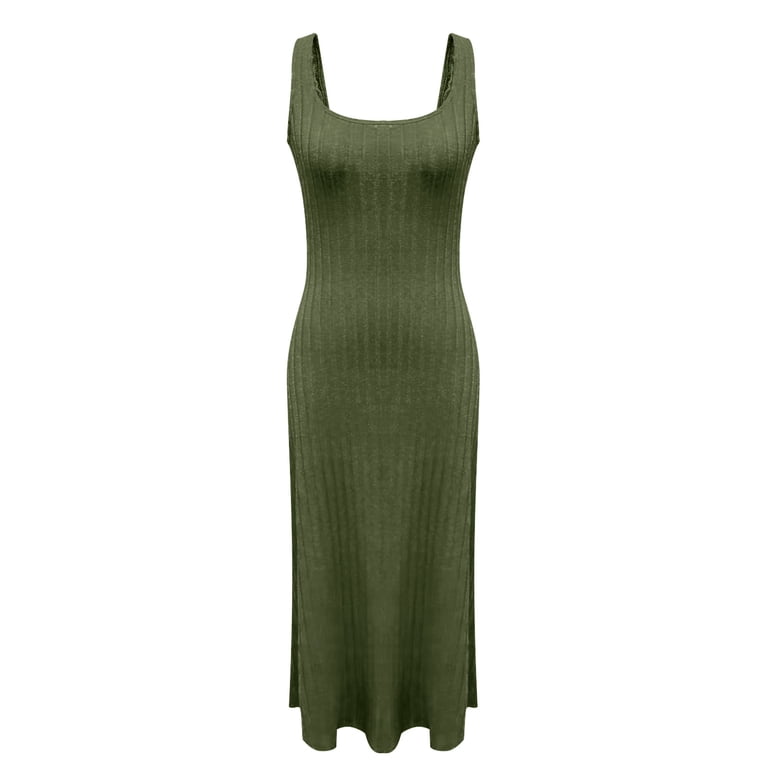 army green fitted dress Dark Army Green Denim Thick Strap Midi Dress main image 1