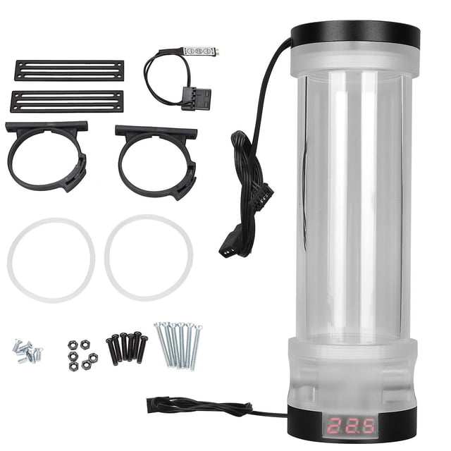 Black Red RGB Lighting Water Cooling Tank with Temperature Display - 210mm Cylinder, G1/4 Hole