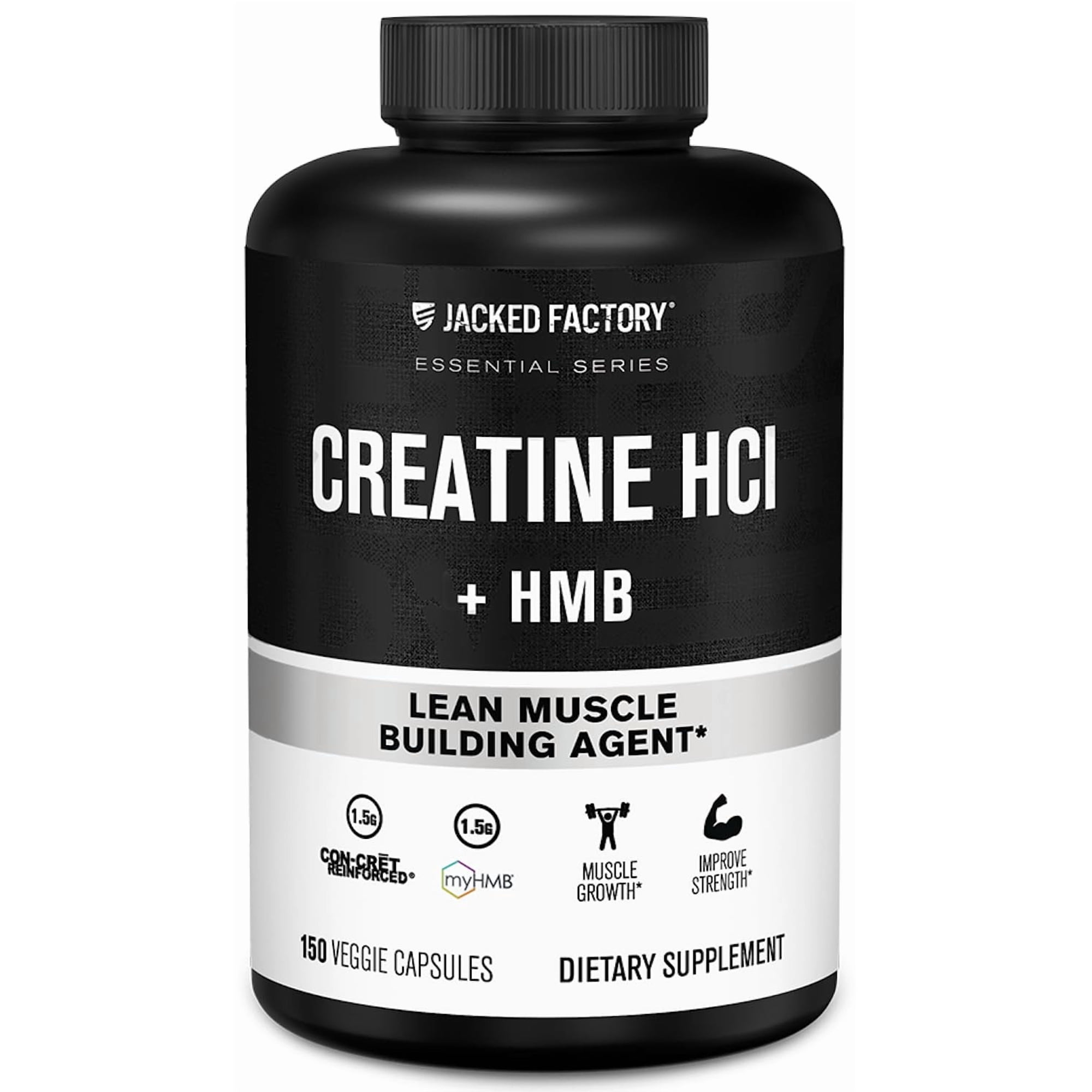 Jacked Factory Creatine HCL + HMB Capsules - Synergistic CON-CRET, myHMB, & Vitamin D Formula for Improved Growth, Strength, & Reduced Muscle Breakdown - 150 Capsules