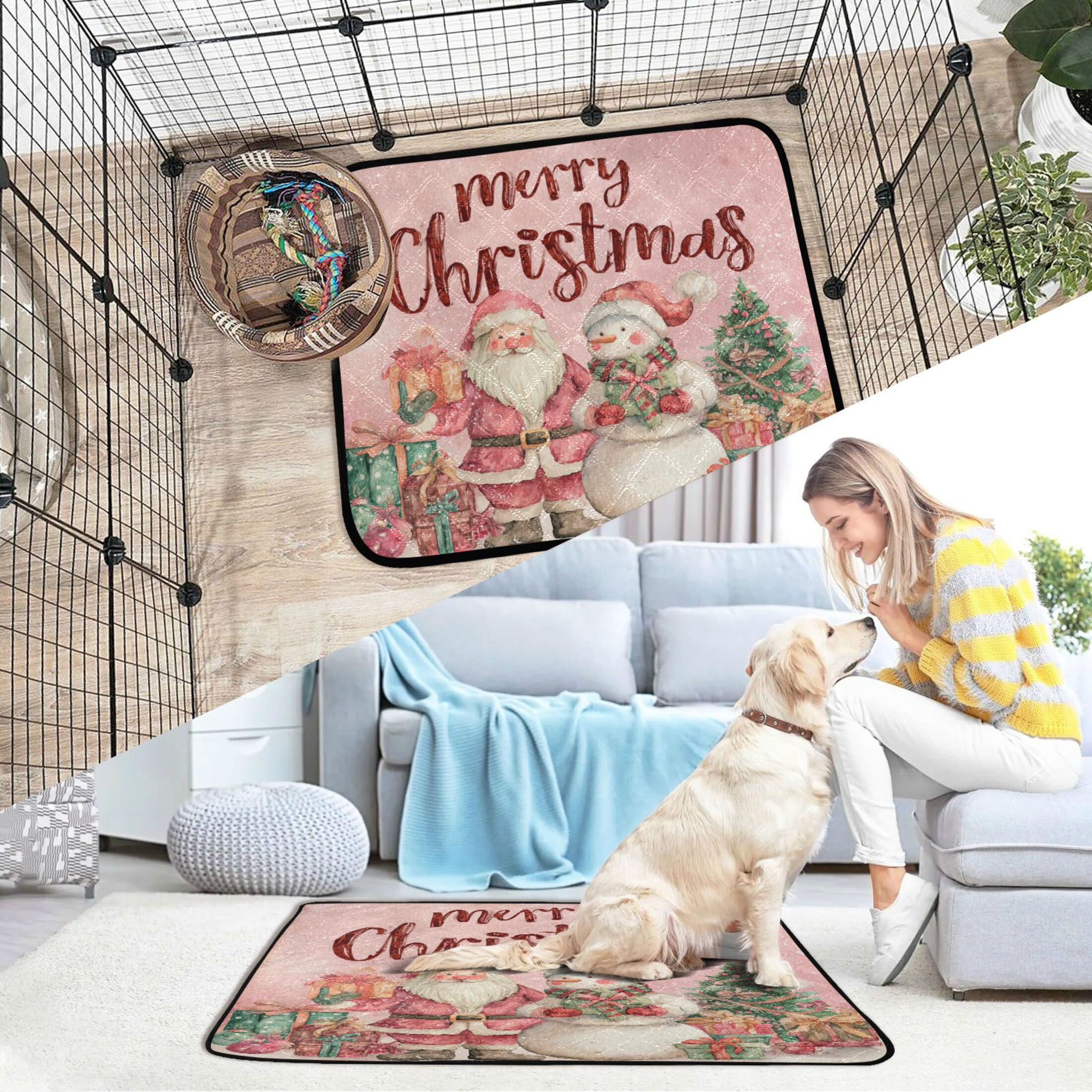 Qxltty Pink Santas and Snowmen Cat litter Pads Pet Set of 2 Diaper Mats Center Anti-leakage Layer Absorbent Soft and Comfortable
