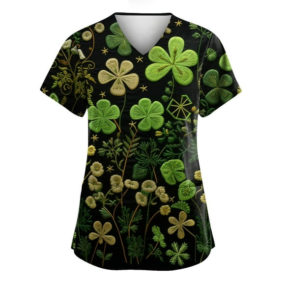 Womens Scrub Tops Irish Shamrock Printed V Neck Breathable Workwear Shirt Short Sleeve Professionals Soft Stretch St. Patrick's Day Scrub Tops with Pockets dark green Large