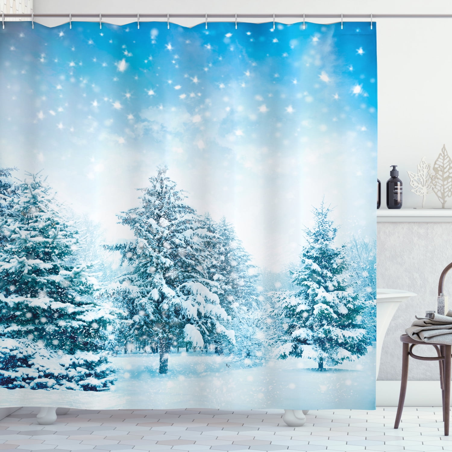 Ambesonne Winter Shower Curtain, Fir Trees Mountainside, 69"Wx70"L