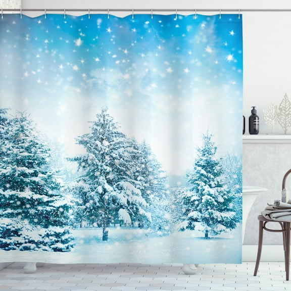 Ambesonne Winter Shower Curtain, Fir Trees Mountainside, 69"Wx75"L, Blue White