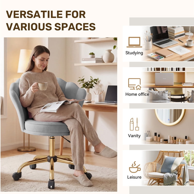 Hawsaiy Shell Back Home Office Chair with Lumbar Pillow, Modern Upholstered Desk Chair with Gold Metal Base, Swivel Adjustable Computer Chair for Home Office, Gray
