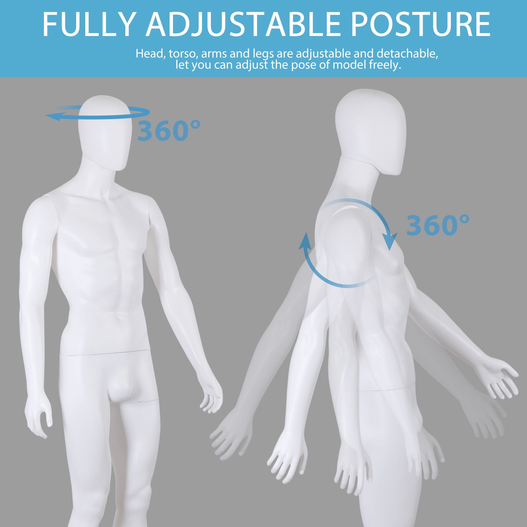 ZENY 73" Full-Body Male Mannequin with Adjustable Metal Base, White, 73.62", New