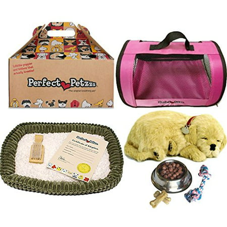 Perfect Petzzz Golden Retriever Plush with Pink Tote For Plush Breathing Pet, and Dog Food, Treats, and Chew