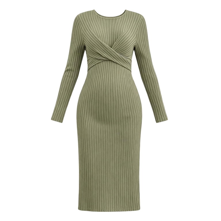 pregnancy knit dress Womens Maternity Sweater Twist Front Ribbed Soft Bodycon Midi Dress Long Sleeve Clothes (L, Green) Womens Maxi Dresses