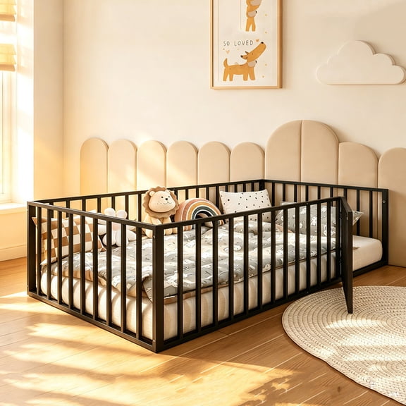 Bellemave Twin Floor Bed for Kids, Metal Montessori Bed Frame with Safety Guardrails & Door for Toddler Kids Girls Boys, Easy Assemble(Black)