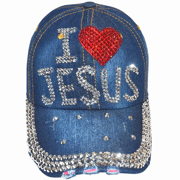 Popfizzy Womens Jesus Hat, Bling Blue Denim Adult Rhinestone Baseball Hat