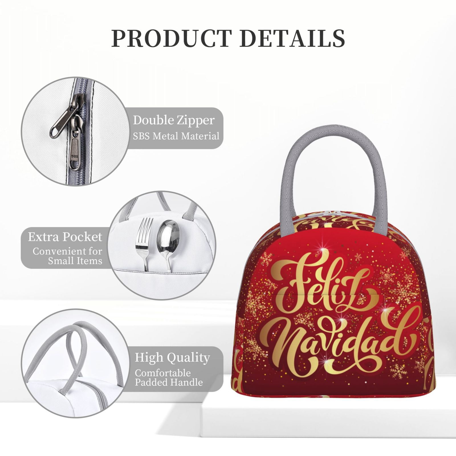 Horeoi Merry Christmas Pattern Large Insulated Lunch Bag for Work, School, Picnic - Waterproof, Durable Oxford Cloth, Comfortable Handle-Light Grey