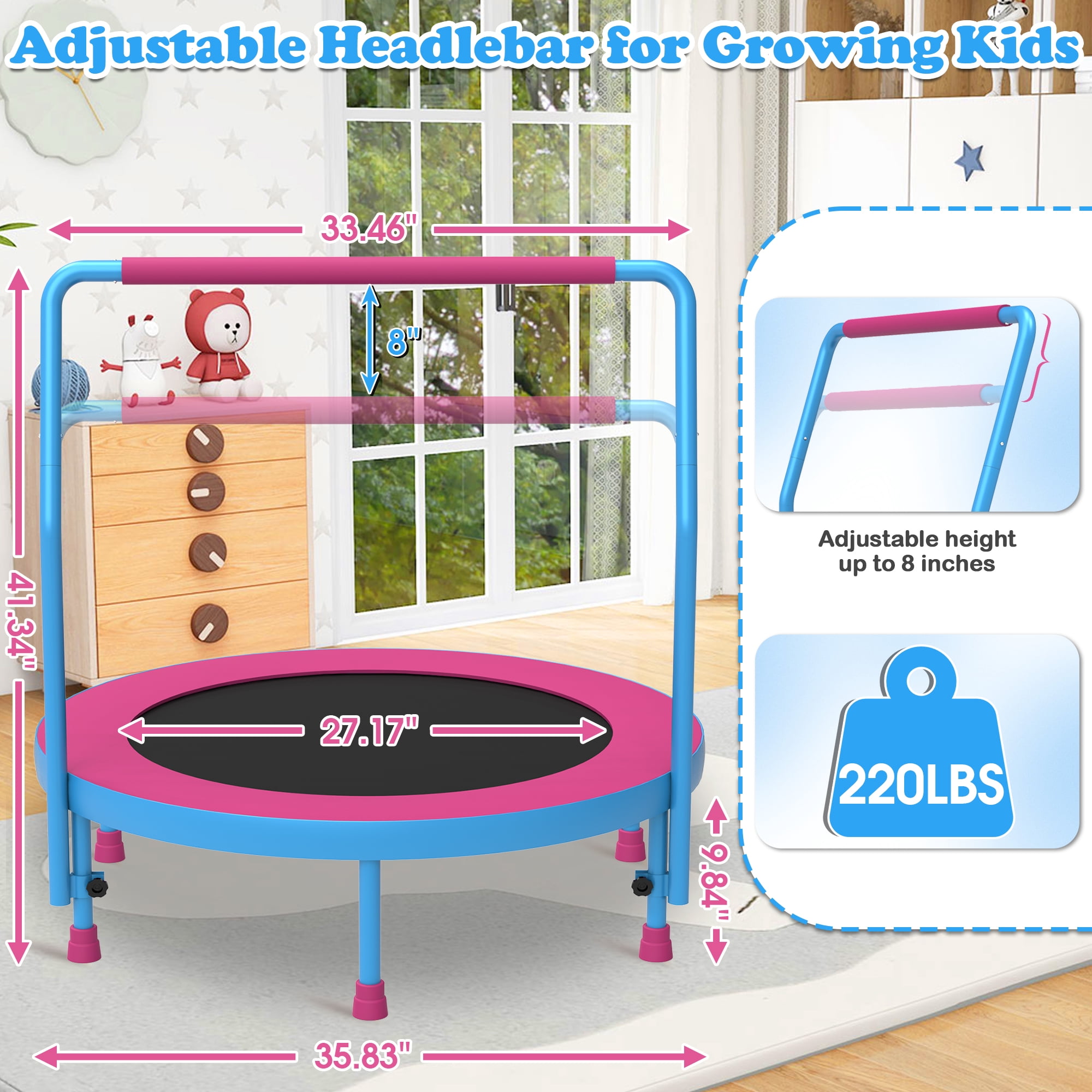 Cochan 36inch Mini Trampoline for Kids, 3FT Small Indoor Trampoline with Handlebar Ages 1-6, Foldable Kids Trampoline for Toddlers, Brithday Gift for Boy and Girl