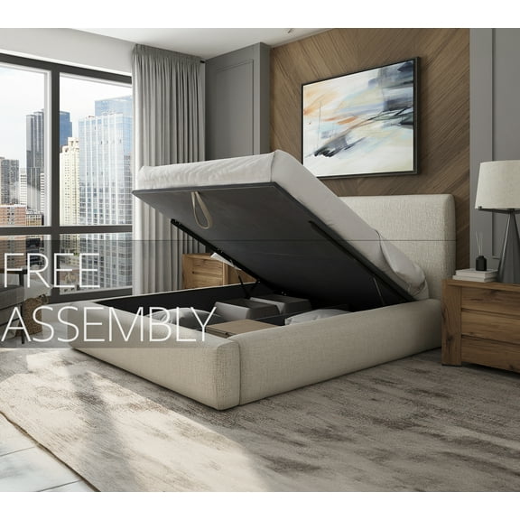 Modern Upholstered Platform Bed with Storage, Lift-Up Frame, Cream Fabric, Low Profile