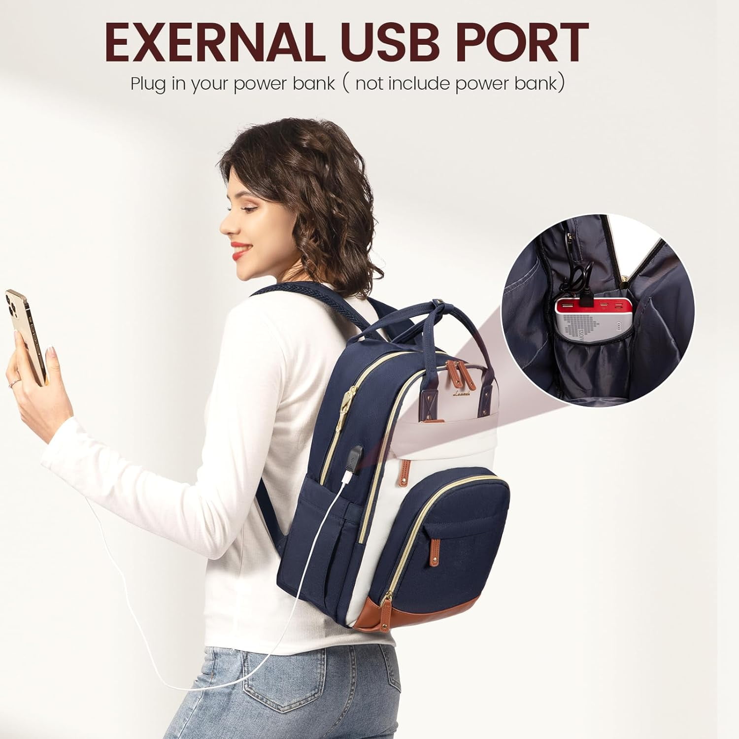 Lovevook Women's USB Charging Port Nylon 15.6" Laptop Backpack, Navy-Beige