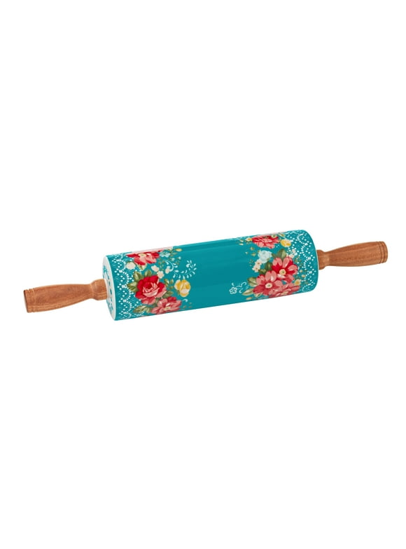The Pioneer Woman Vintage Floral Ceramic Rolling Pin with Acacia Wood Handles