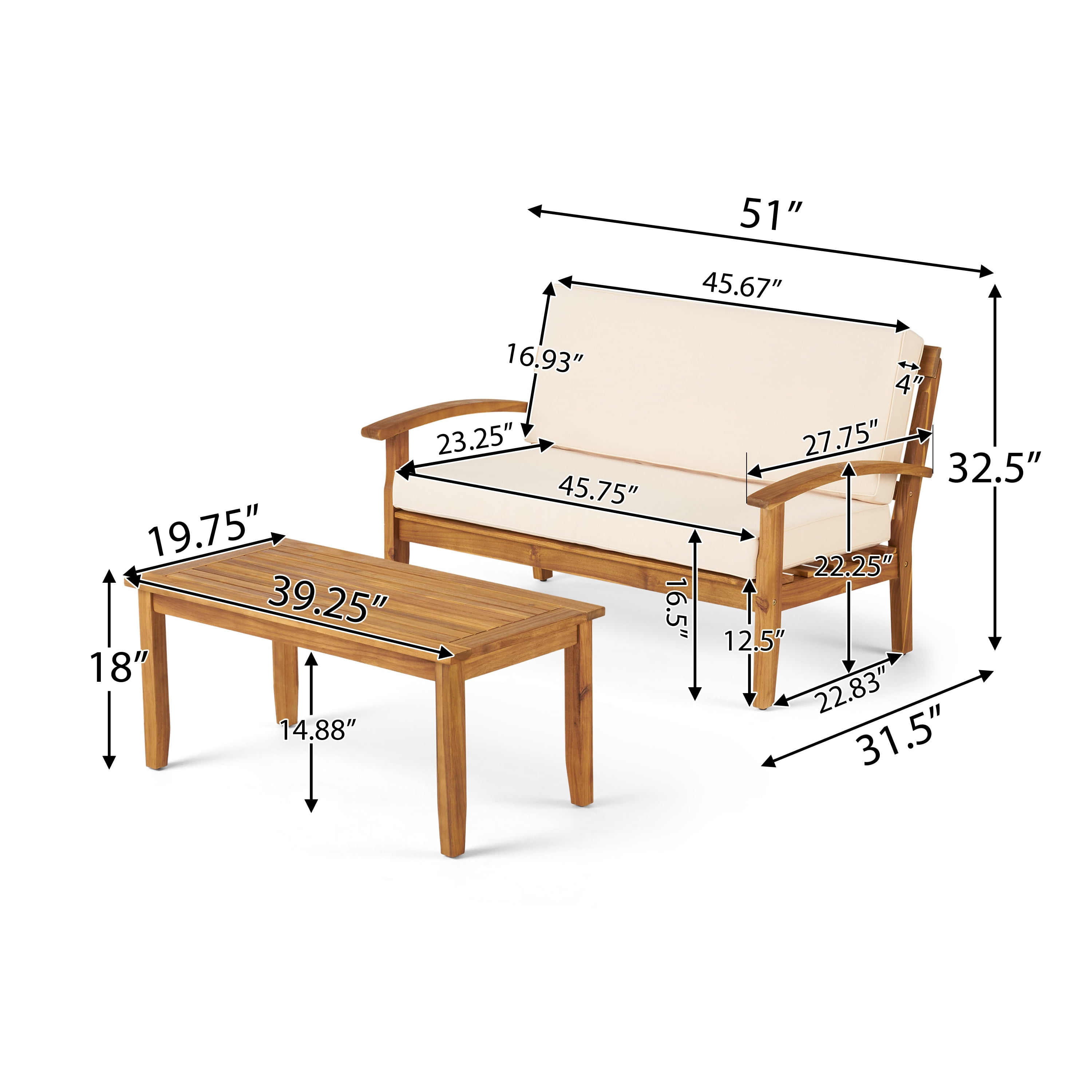 Outdoor Loveseat and Coffee Table Combined Leisure Set, Acacia Wood Frame Furniture for Patio Garden, Beige