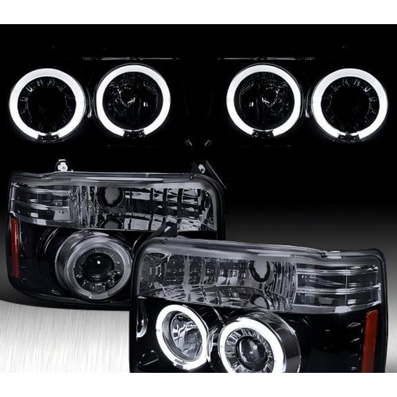 Fit 1992-1996 Ford F150 F250 Bronco LED Halo Projector Headlights Black/Smoke