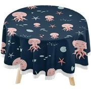 SKYSONIC Summer Pink Jellyfish Round Tablecloth 60inch Indoor Wrinkle Free, Pattern Starfish Shell Circular Lace Table Cover Washable for Kitchen Party BBQ Dining Decor