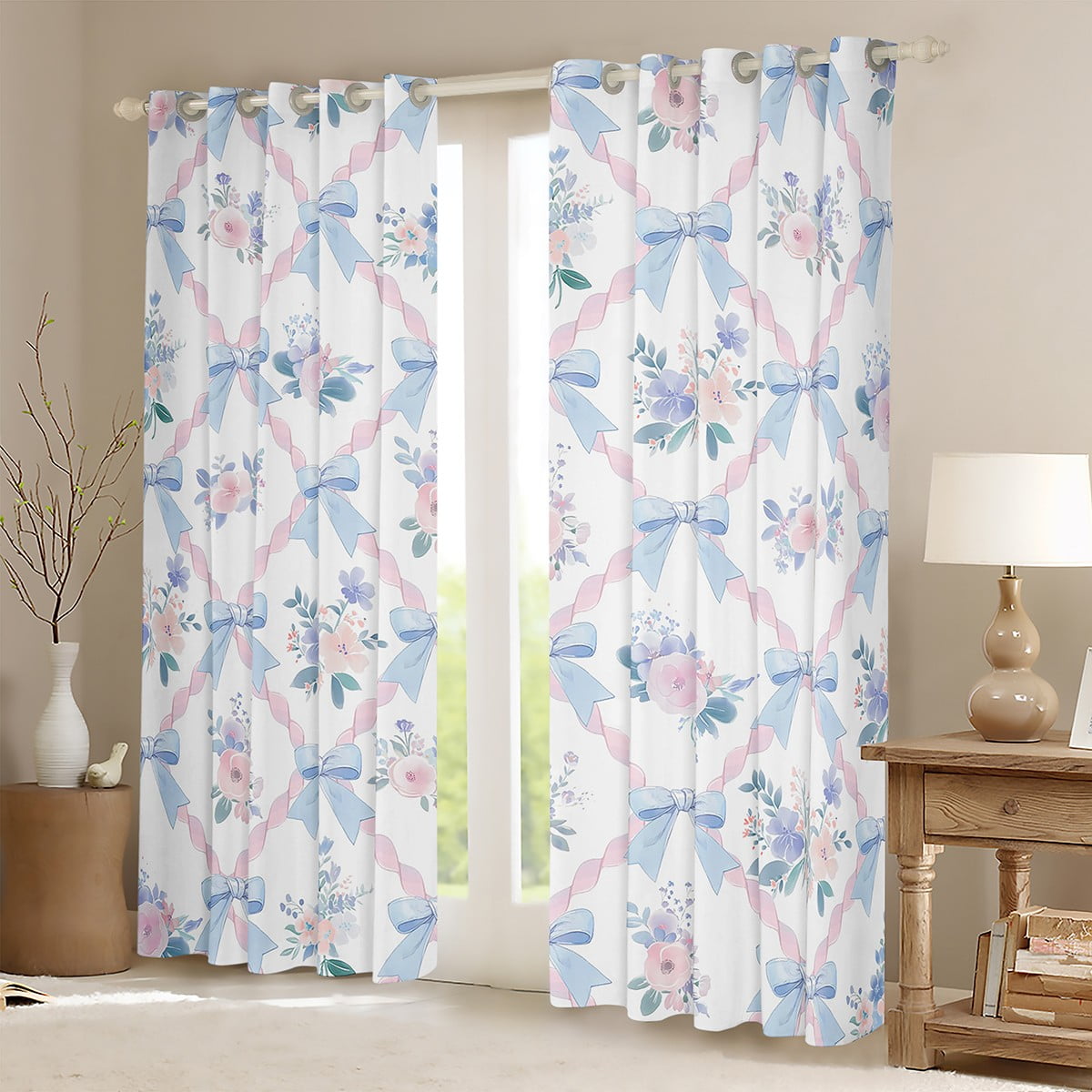 Manfei Ribbon Bow Bowtie Curtains Pack of 2 (42x84 Each),Romantic Flower Floral Curtains Blackout,Pink Blue White Bedroom Curtains For Child,Ultra Soft Home Decor
