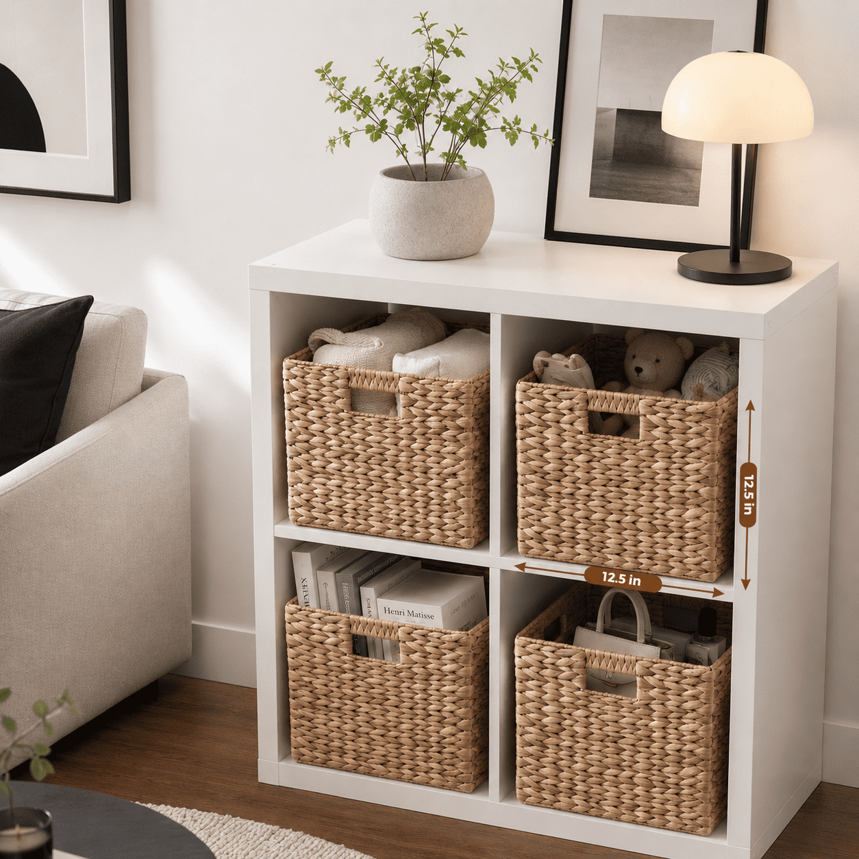 Leumius Water Hyacinth Folding Storage Baskets Set of 2,12.6" x 12.6" x 12.6", Handwoven Cube Baskets with Cutout Handles – Shelf Organizer, Toy Storage, Closet Storage