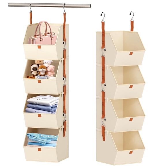 VEGCOO Hanging Closet Organizer 4 Tier – Clothes Hanging Shelves, Space-Saving Fabric Storage Bins for Bedroom, Collapsible Baskets for Home Dorm RV, Heavy Duty, Beige