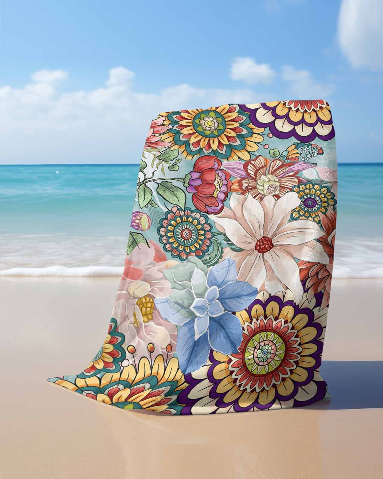 Boho Floral Beach Towels Oversized Super Absorbent, Bohemia Colorful Mandalas Botanical Flower Lightweight Bath Towel Quick Dry Sets For Bathroom/Pool/Rv Camping/Beach Play/Gym Room/Picnic 30"x60"