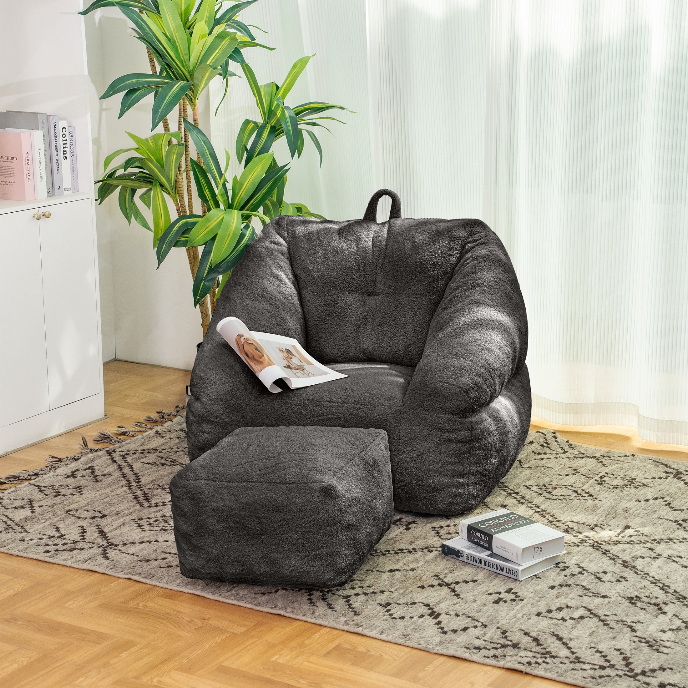 Aukfa Bean Bag Chair with Ottoman, Soft Fluffy Teddy Upholstered Pouf with Foot Rest for Living Room, Black