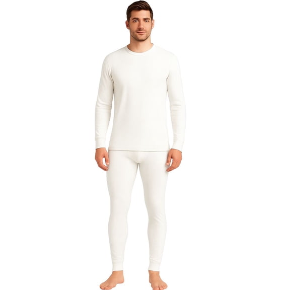 Men’s Thermal Set – White Waffle Texture, Warm Long Sleeve Undershirt, LARGE