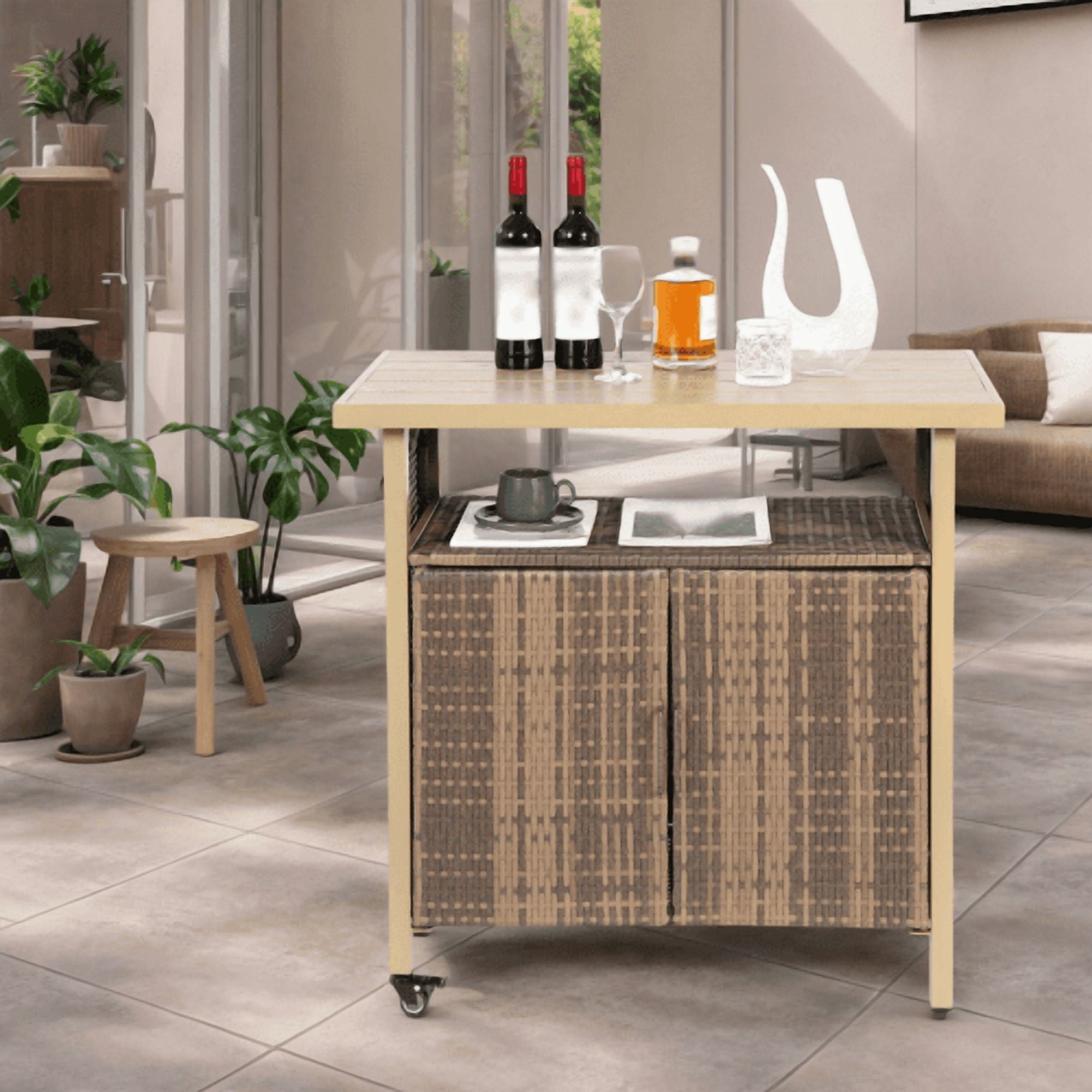 Outdoor Wicker Bar Cart with Plastic Wood Top and Wheels, Rolling Patio Wine Serving Cart for Garden and Backyard Party, Beige