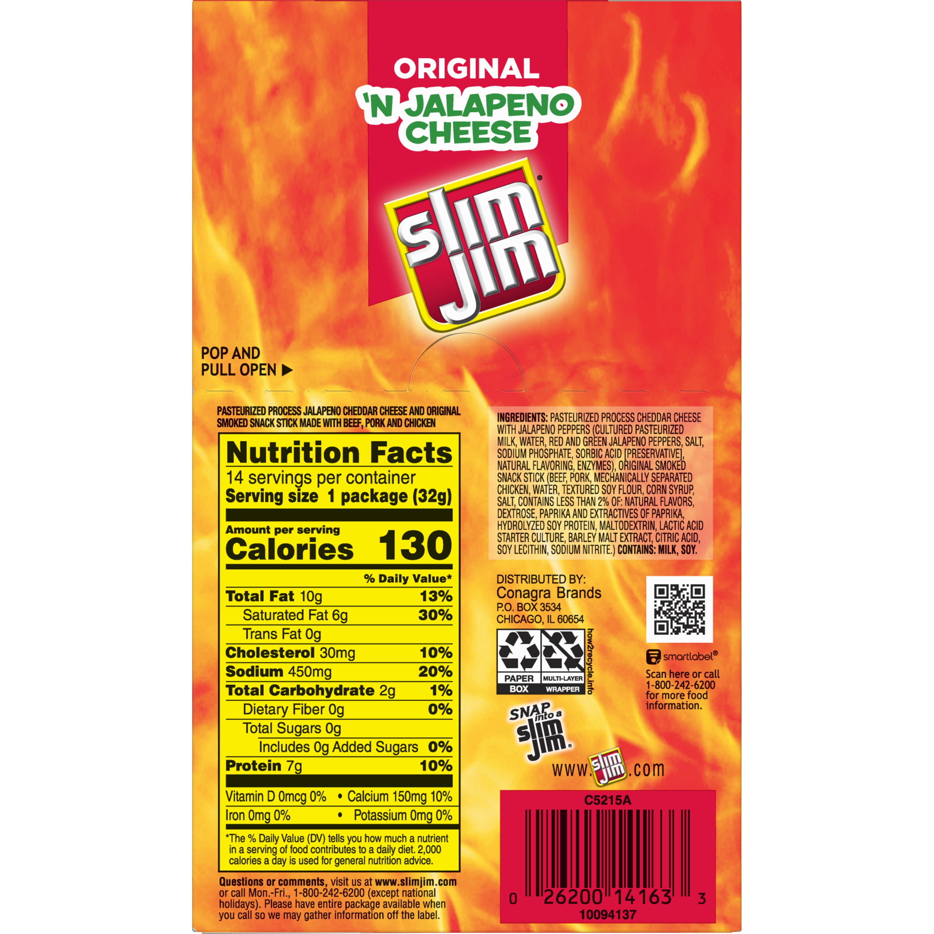 Slim Jim Original Beef Snack Stick 'N Jalapeno Cheese, 1.5 oz. 14-Count