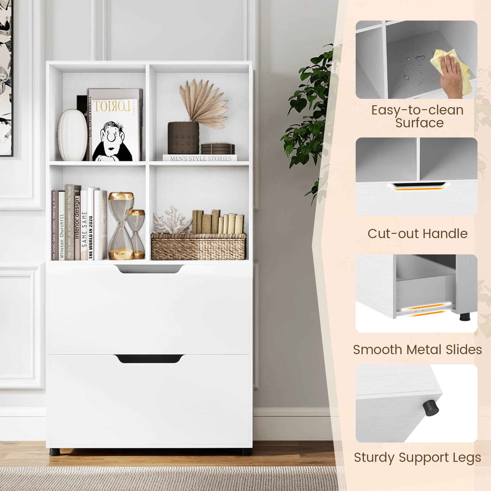 Costway 51” 5-Tier 4-Cube Bookcase with 2 Drawers for Living Room, Study, Home Office White