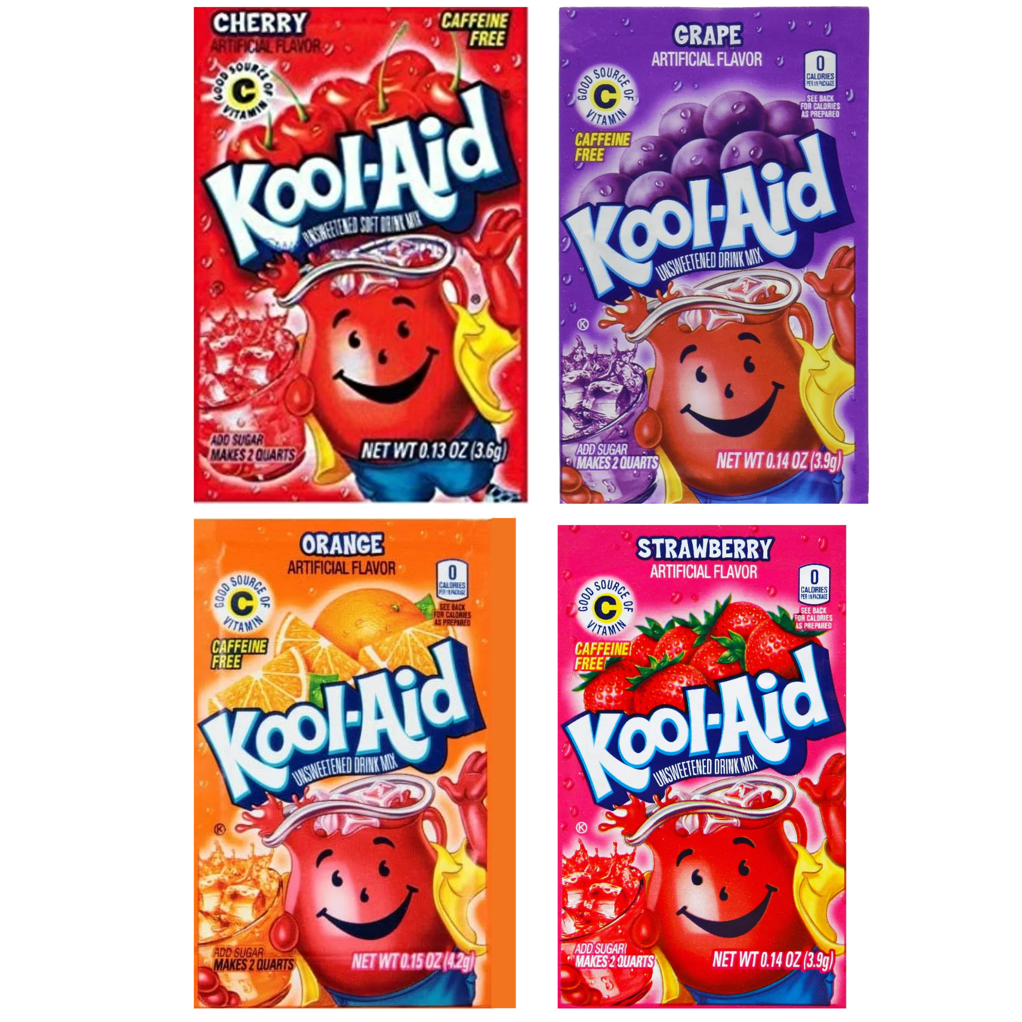 Kool Aid Variety Case FLAVORS CHERRY,GRAPE,ORANGE and STRAWBERRY Beverage, Unsweetened 0.13 Ounce Bulk Wholesale 4 Box Case 192 Packets