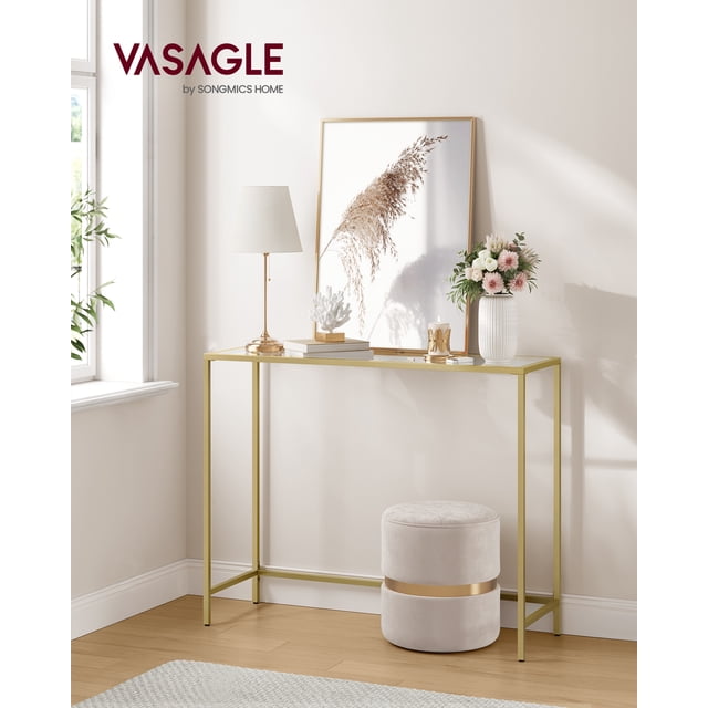 VASAGLE Mesa de Consola, Mesa de Entrada, Extremo del Sofá, Tablero de Vidrio Templado, Marco de Metal, Resistente, Patas Ajustables, para Salón, Entrada, Pasillo, Dorado y Transparente