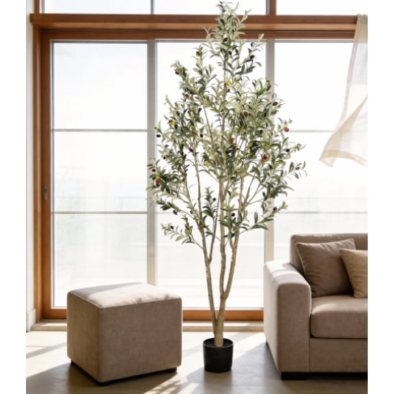 7FT Artificial Olive Tree Black Plastic Pot Realistic Faux Plant Indoor Home Decor 1pc