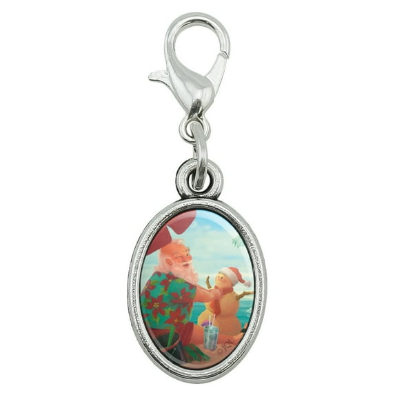 Christmas Holiday Santa Claus Beach Vacation Antiqued Bracelet Pendant Zipper Pull Oval Charm with Lobster Clasp