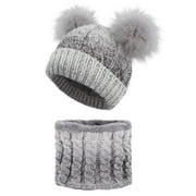 2 Pcs Women Winter Fleece Lined Pom Pom Beanie Scarf Set Grey