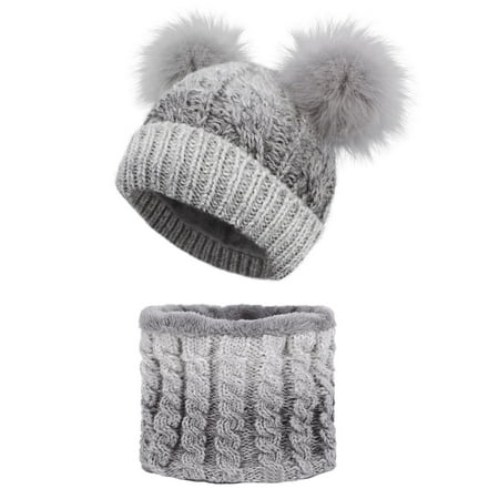 2 Pcs Women Winter Fleece Lined Pom Pom Beanie Scarf Set Grey