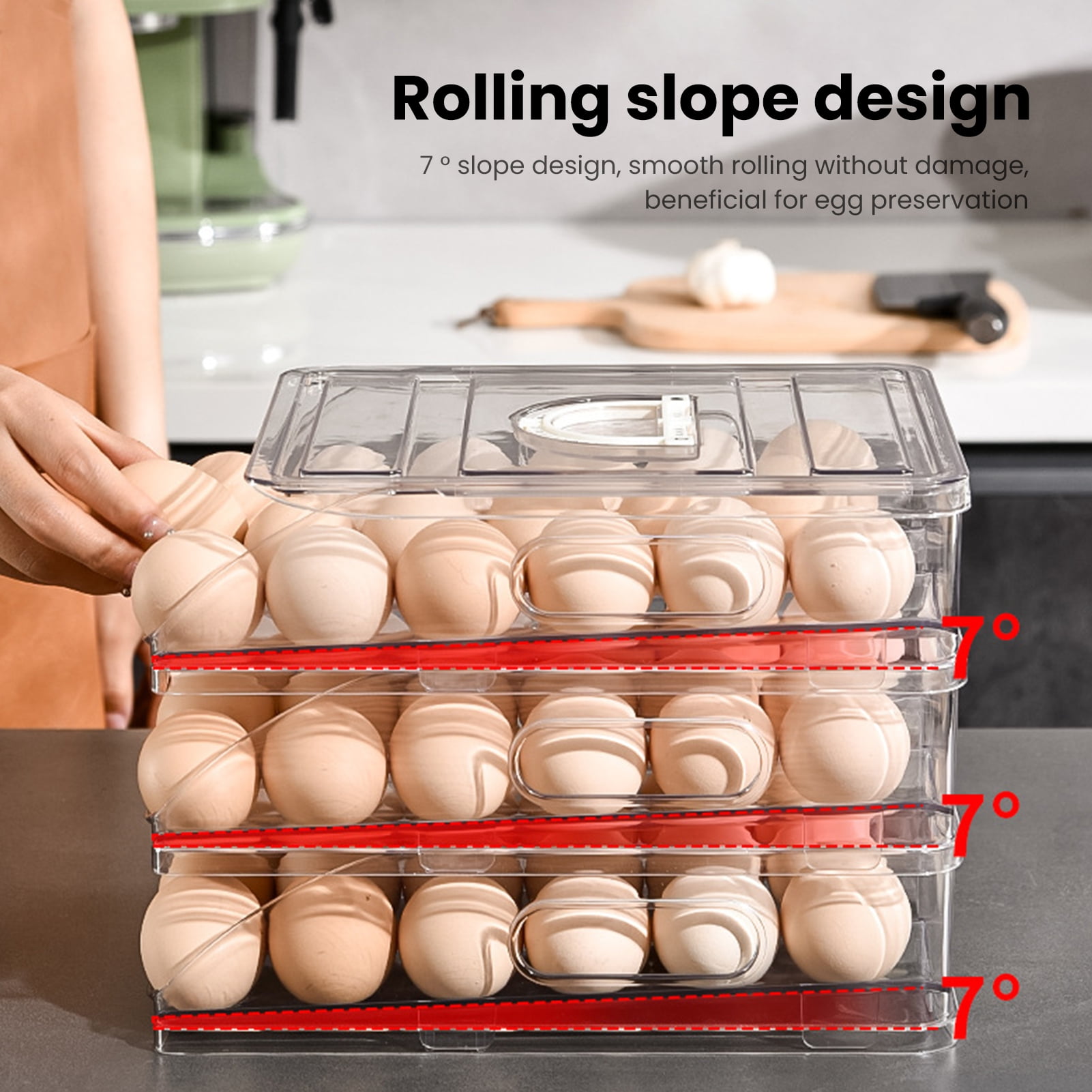 sunsanly Automatic Rolling Egg Organizer Storage Box BPA-Free Non-Slip Design Easy to Clean Transparent Stackable Egg Dispenser with Sturdy Lid