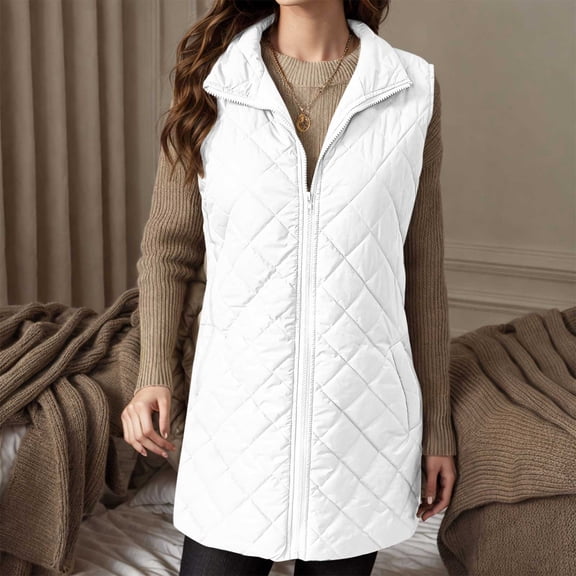 Long Quilted Vest Women Lightweight Sleeveless Padded Jacket Winter Warm Zip up Stand Collar Gilet Outerwear with Pockets White L