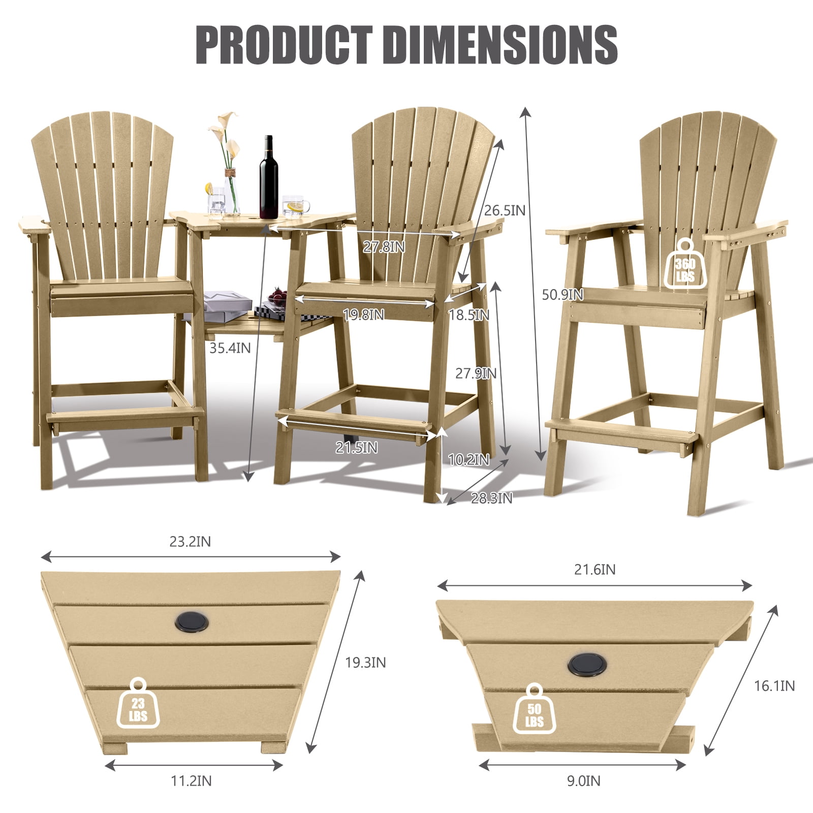 Tall Adirondack Chairs Set of 2，Outdoor Adirondack Barstools with Double Connecting Tray Patio Stools Weather Resistant for Outdoor Deck Lawn Pool Backyard, Brown