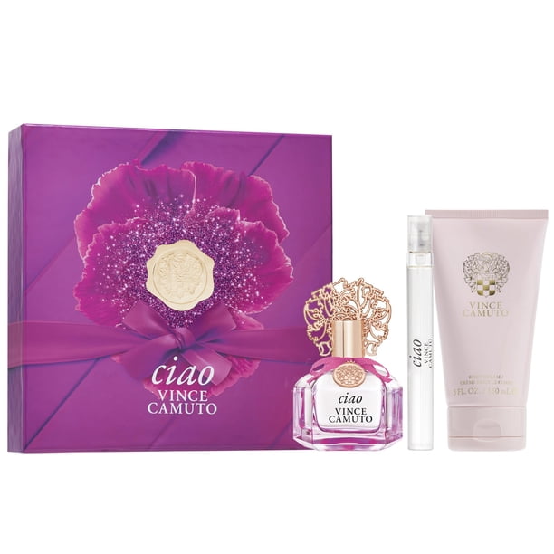Vince Camuto Ciao Set de regalo de 3 piezas para mujer con aroma floral afrutado, regalo de Navidad para ella, Eau De Parfum 3,4 onzas líquidas spray de viaje de 0,34 onzas líquidas crema corporal d