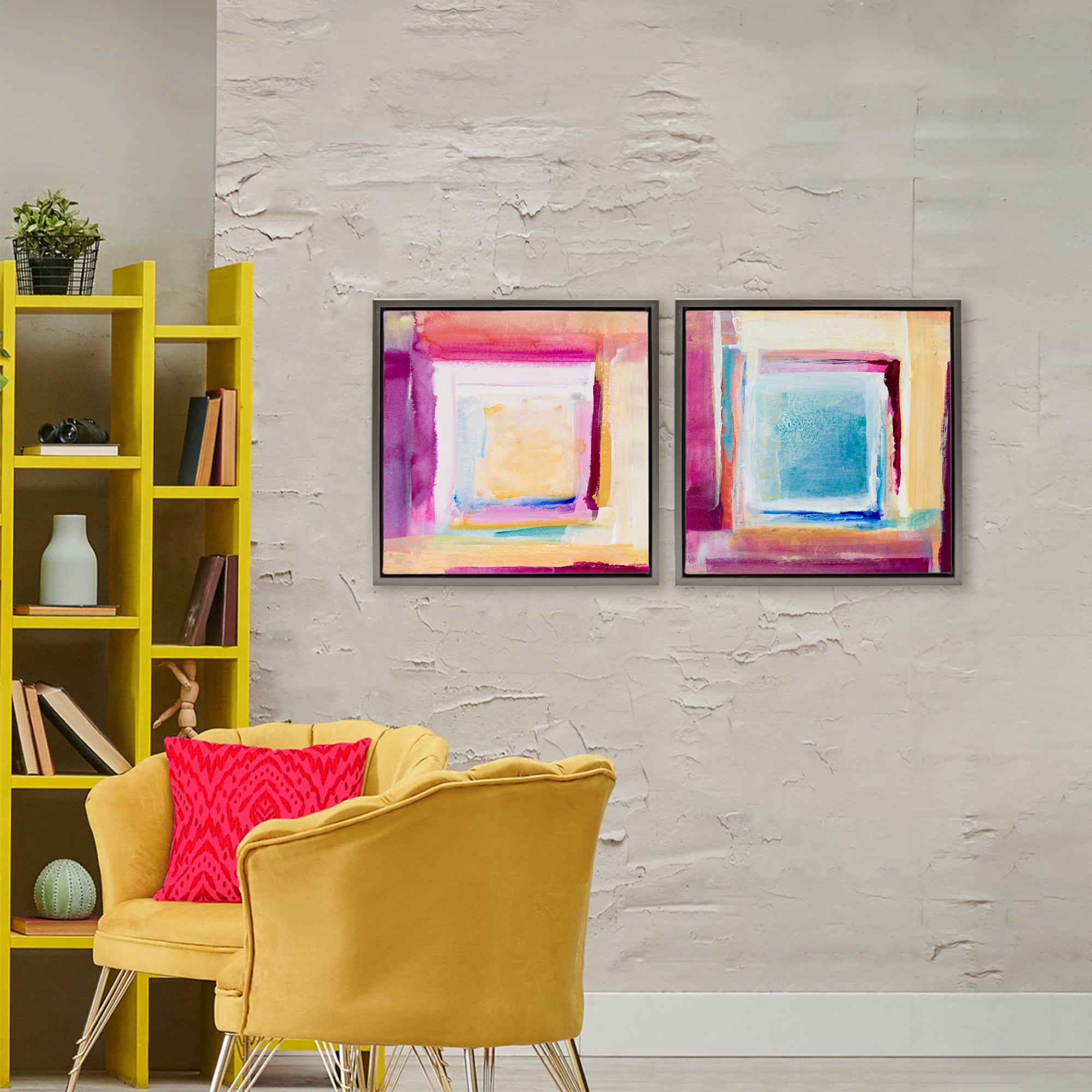 Stupell Industries Pink & Yellow New Day 2 Piece Gray Framed Floater Canvas Set, design by Lanie Loreth