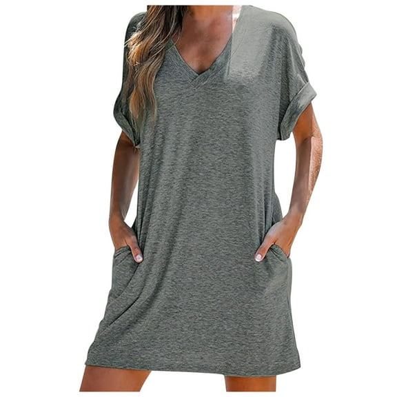 OSOLU Solid Color Summer Dresses For Women Short Sleeve With Pockets T-Shirt Tshirts Tee With Pockets Relaxed Fit Sundress Wedding Guest Dress