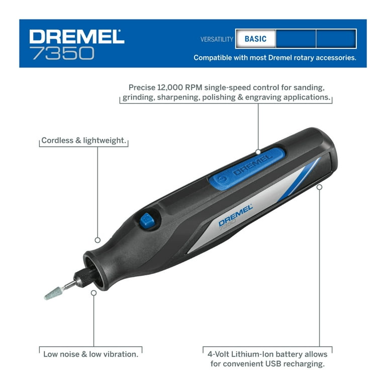 Dremel 7350-5 Cordless Rotary Tool Kit, Includes 4V Li-ion Battery and 5  Rotary Tool Accessories - Ideal for Light DIY Projects and Precision Work
