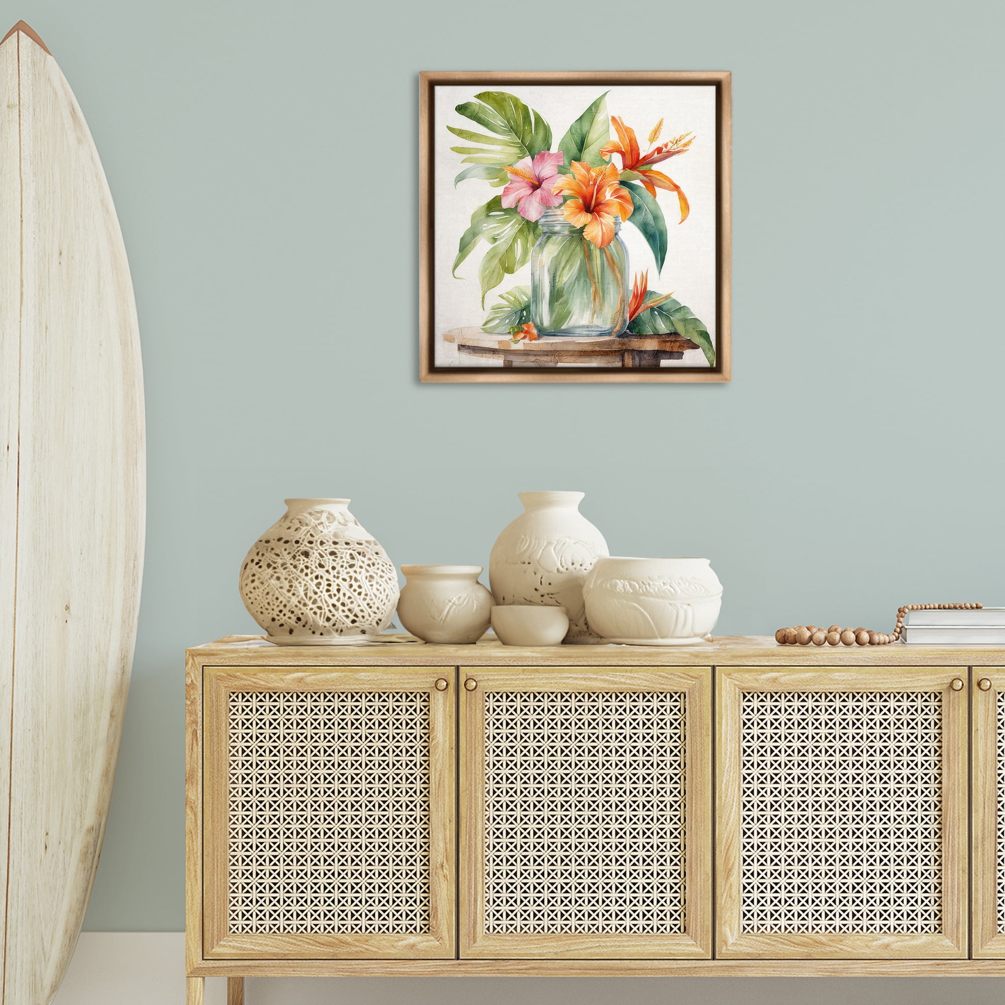 Stupell Industries Tropical Floral Jar Plants & Flowers Painting Brown Floater Framed Canvas Art Print Wall Art, 25 x 25