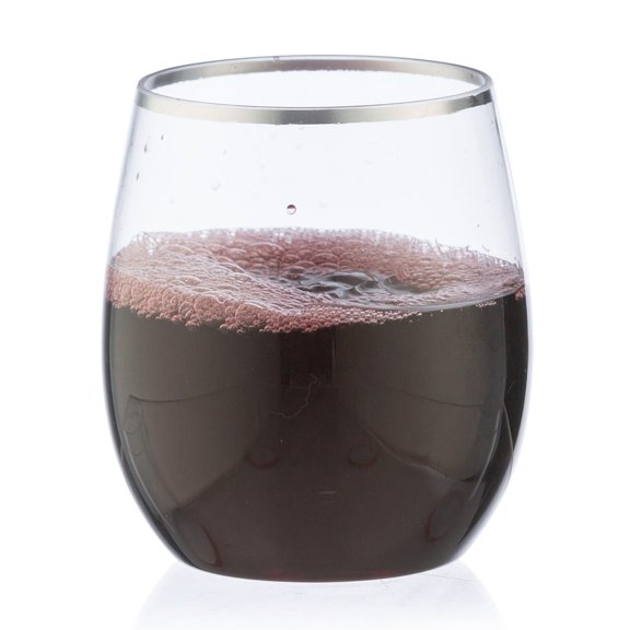 6 Piece Set of Disposable Silver Rim Stemless Wine Goblet Glasses 12 Oz - For Parties, Date Nights, Formal Dinners, Wine Tasting