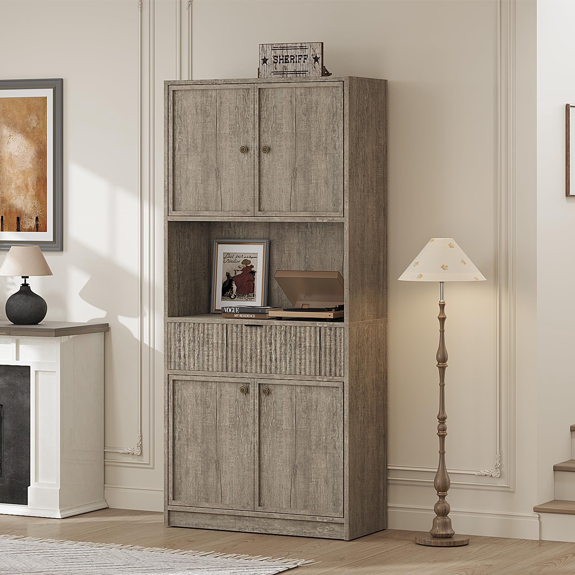 Danolapsi 70" Tall Pantry Cabinet, Kitchen Hutch Storage Cabinet with Countertop for Microwave, Fluted Pantry Storage Cabinets with Drawer, Freestanding Cupboard for Dining Room, Living Room