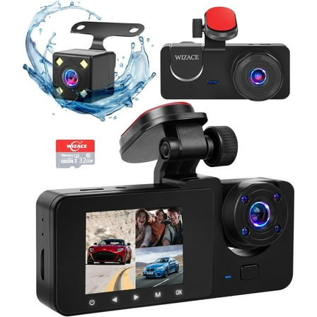 1080P Full HD 170 Degree Wide Angle Dashboard Camera 3 Channel Front and Rear Interior Dash Cam, 2.0 Inch IPS Screen, G-Sensor, Loop Recording, Recording