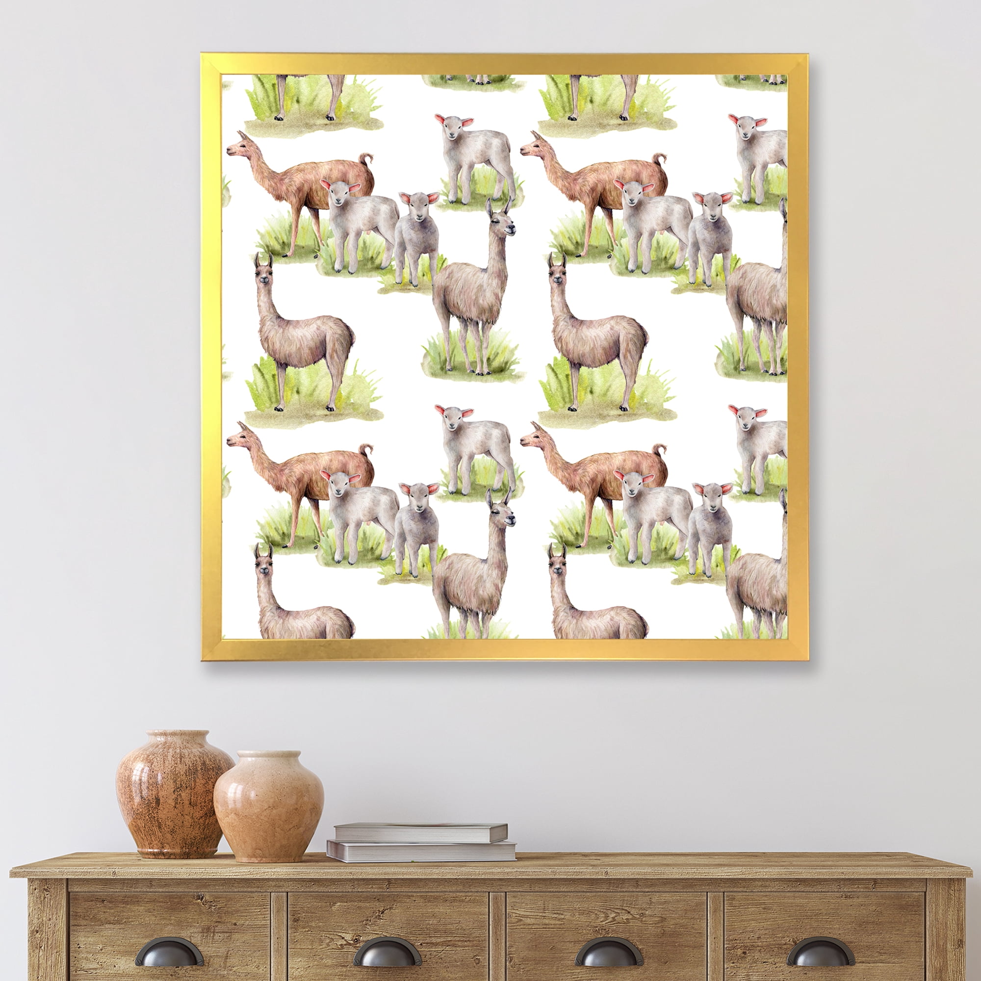 Designart 'Lambs and Lamas On A Green Meadow' Farmhouse Framed Art Print