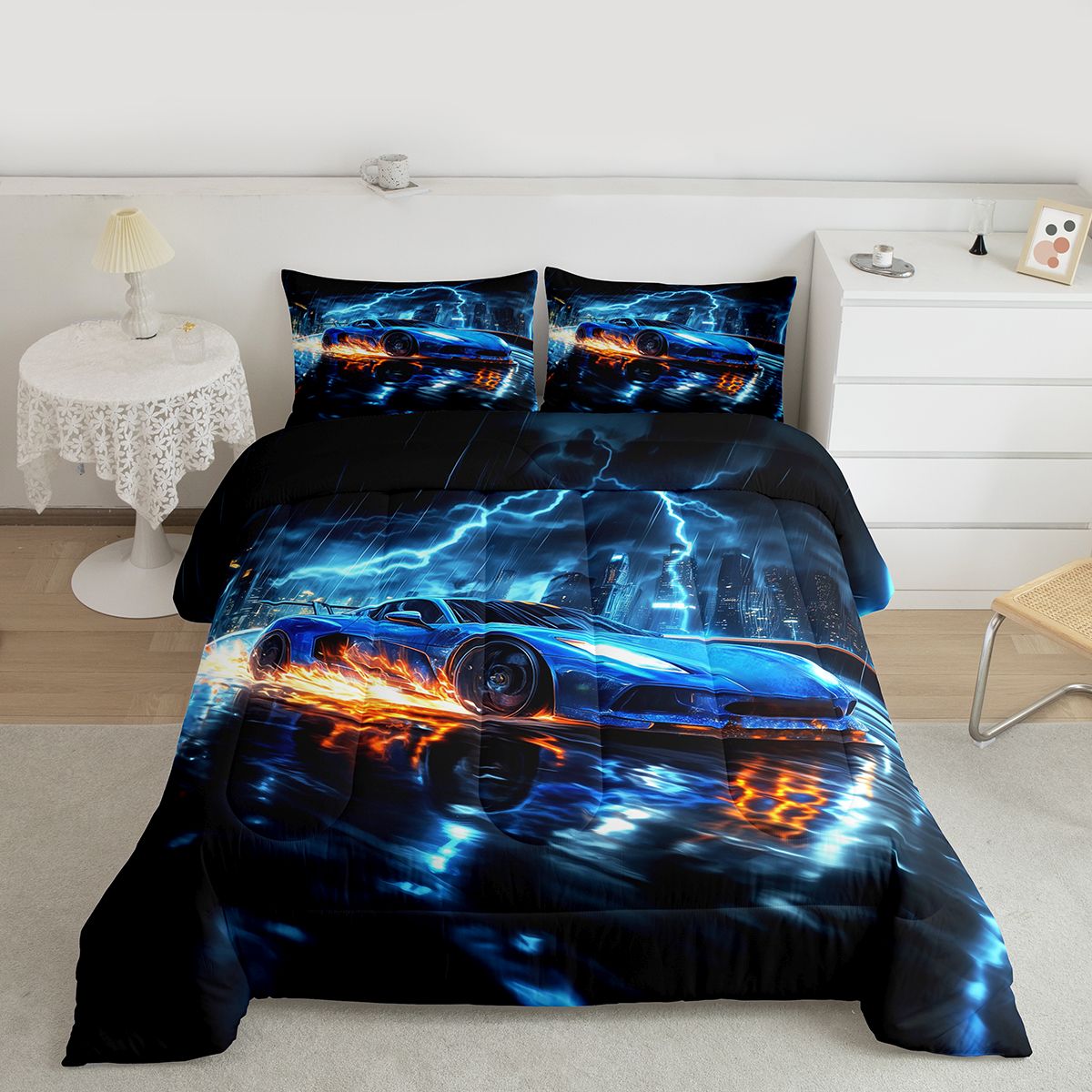 Feelyou Speed Sports Lover Bedding Comforter Set for Kid, Fashion Automobile Twin Comforter Sets, Neon Blue Lightning Reversible Bedding Set, Luxury Bedroom Decor, 2 Pieces